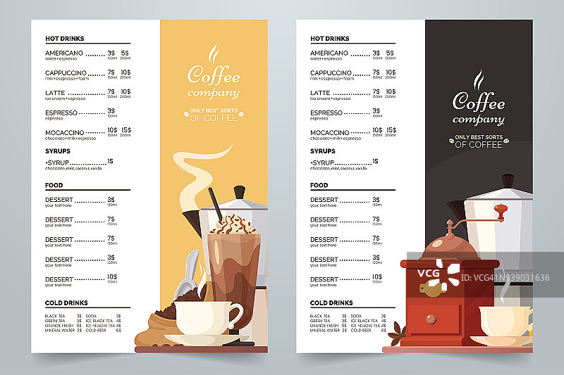 向量咖啡卡设计模板。咖啡菜单a4概念与插图和文字。奶油色和深色背景。菜单、咖啡厅、传单、广告等装饰元素。每股收益10。图片素材
