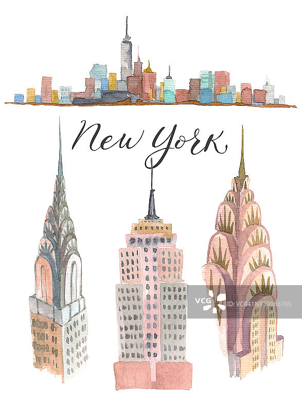 纽约建筑涂鸦集。美国旅游符号手绘草图。水彩。图片素材