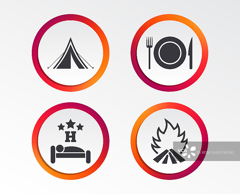 食物，睡眠，露营帐篷和火的标志。图片素材