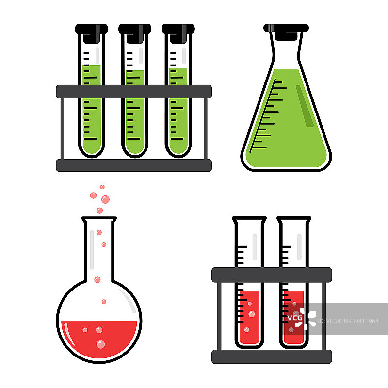 彩色设置化学容器和烧瓶绿色，红色液体。矢量图图片素材