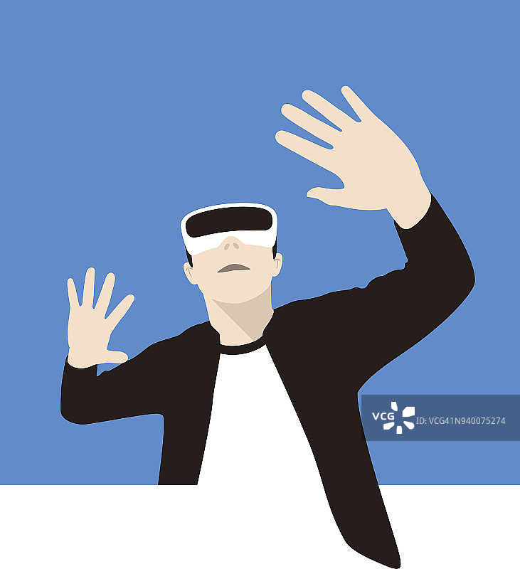 戴着虚拟现实眼镜的男人。举起手来，玩游戏图片素材