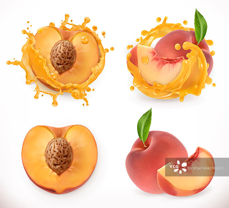 桃汁。新鲜水果，3d矢量图标图片素材