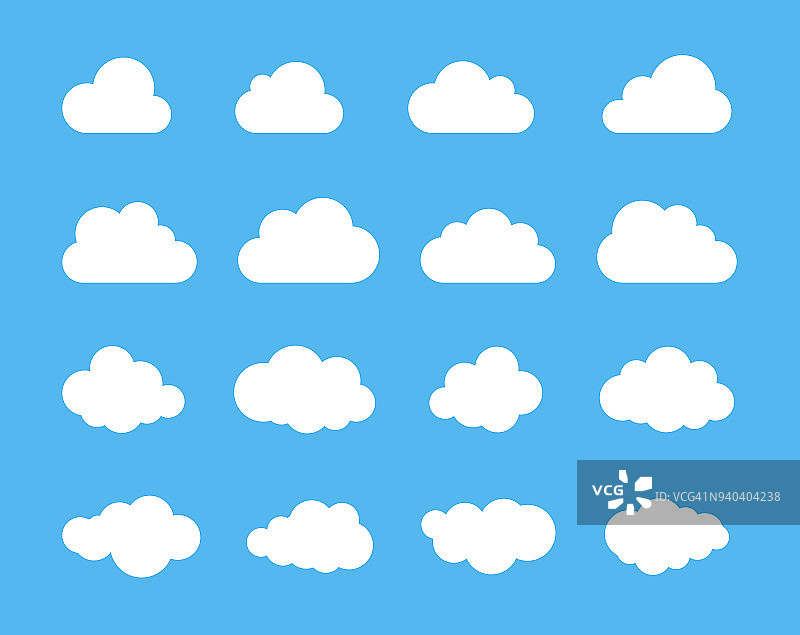云轮廓。云形状的向量集。收集各种形式和轮廓。为天气预报、web界面或云存储应用程序设计元素图片素材