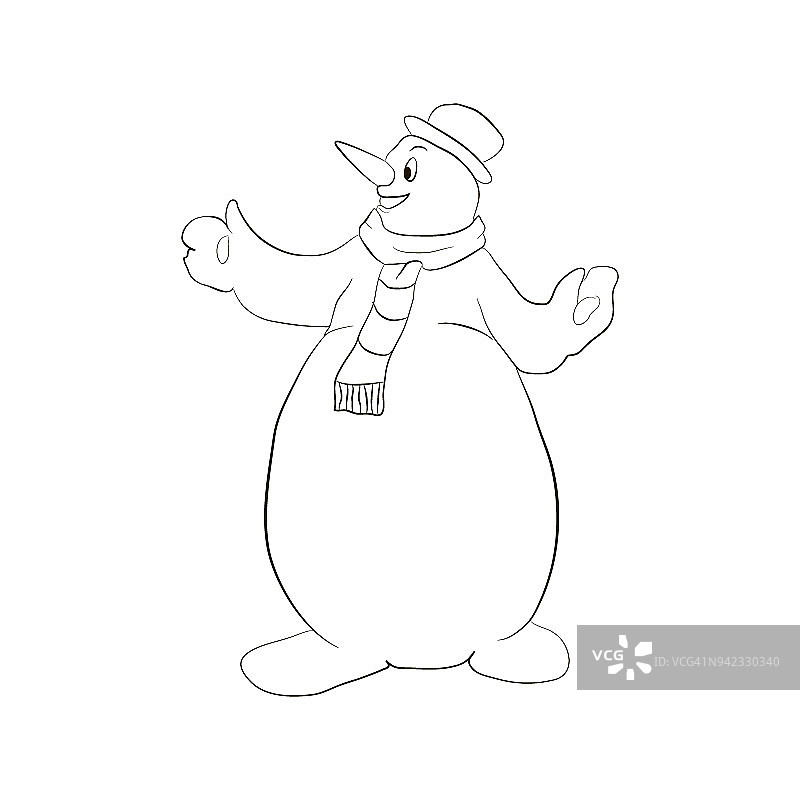 戴着帽子的雪人在微笑。圣诞彩色页，卡通矢量插图图片素材
