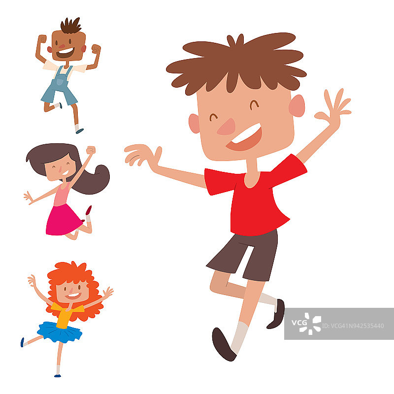 快乐的小朋友们在不同的位置，大矢量跳跃欢快的儿童组和有趣的卡通儿童快乐的团队笑小人物图片素材