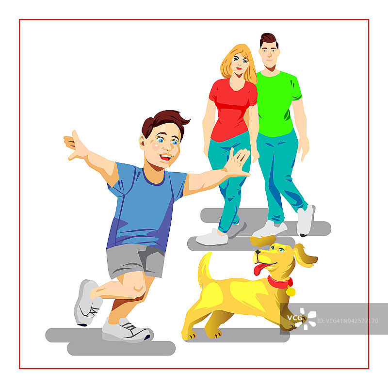 平面矢量插图与家人玩狗图片素材