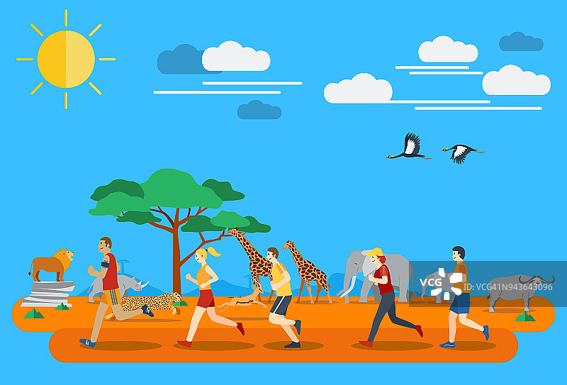 平面设计，在非洲跑步的人分组，向量图片素材
