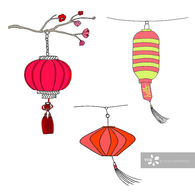 各种各样的灯笼。中国红色手绘矢量灯笼孤立在白色背景图片素材