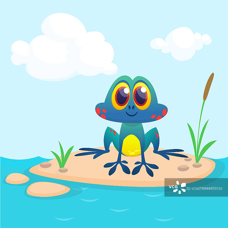 青蛙卡通人物坐在河或池塘或湖的中央的地面背景。色彩斑斓的矢量图图片素材