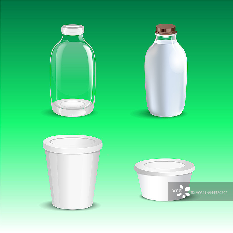 套白色空白逼真的乳制品包装包括塑料瓶和纸盒包装孤立矢量插图图片素材