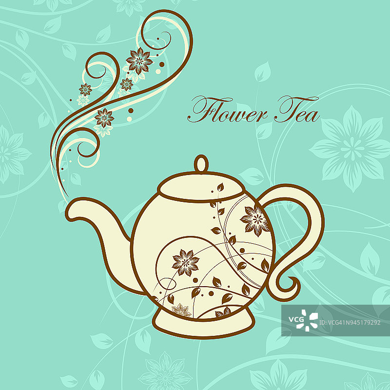 带有花卉设计元素的茶壶。图片素材