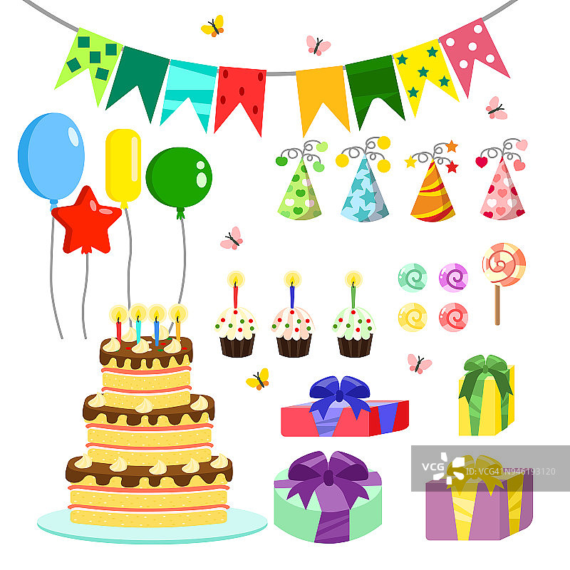 矢量插图生日派对五颜六色的配件和装饰，糖果，蛋糕，气球，糖果，礼品在平面卡通风格。图片素材