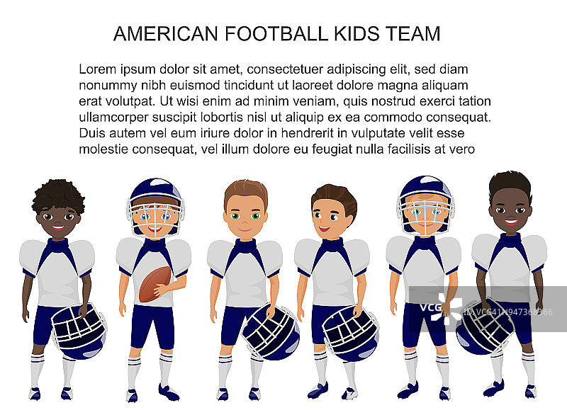 向量卡通学校美式足球儿童队在统一孤立。图片素材