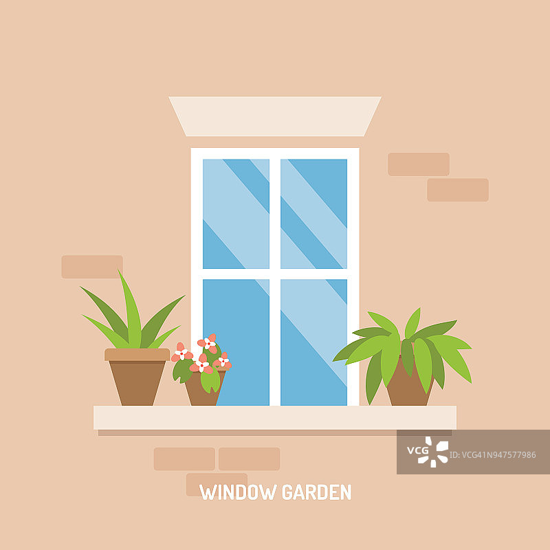 窗户花园与盆栽植物建筑立面矢量插图图片素材
