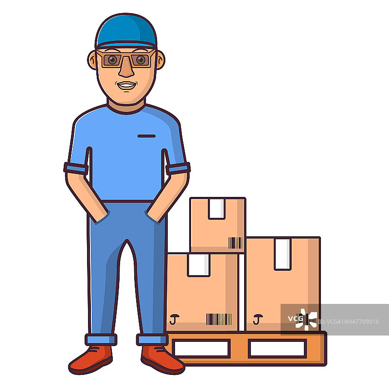 快递在工装裤与货物包装成盒子。穿着衣服的年轻人。送货服务。图片素材