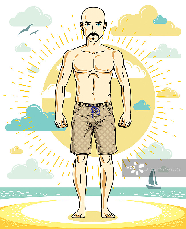 英俊的秃顶成年男子与时髦的胡子和小胡子站在热带海滩上，在明亮的短裤。向量很好和运动男子插图。夏季主题的剪纸艺术。图片素材
