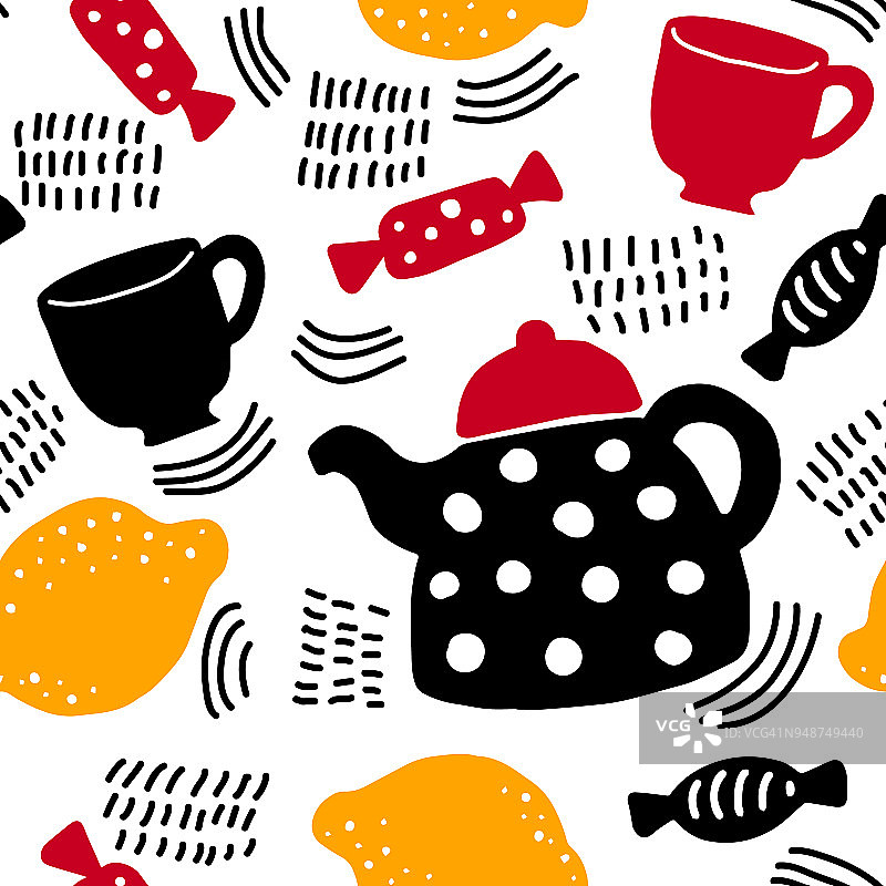 无缝彩色手绘图案茶壶，柠檬，糖果和杯子。北欧的设计风格。简单的背景咖啡，纺织品，包装纸等。图片素材
