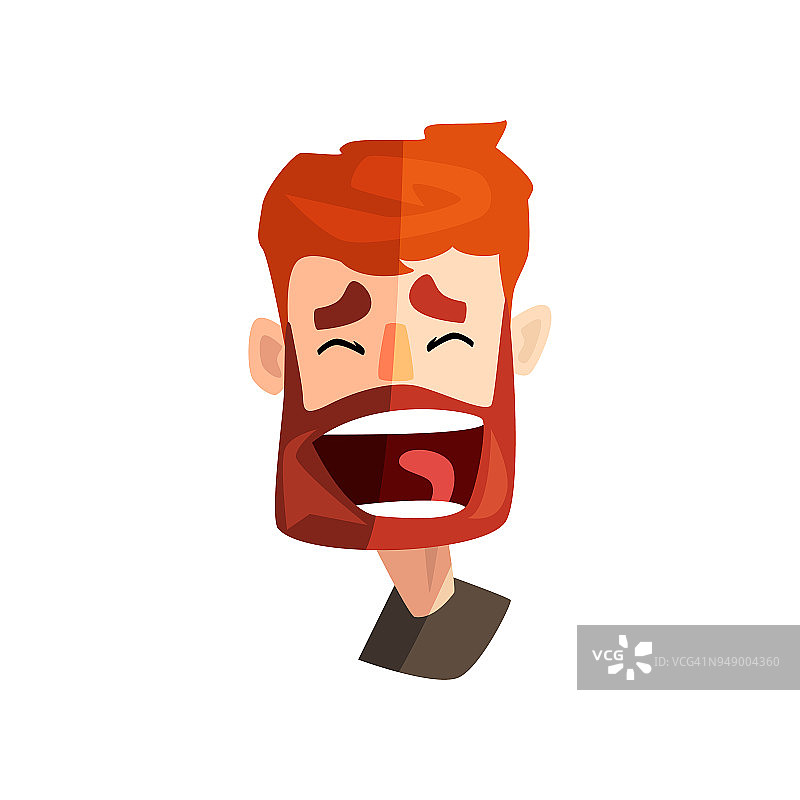 快乐大笑的红发大胡子男人，男性情绪化的脸，头像与面部表情向量插图在白色的背景图片素材