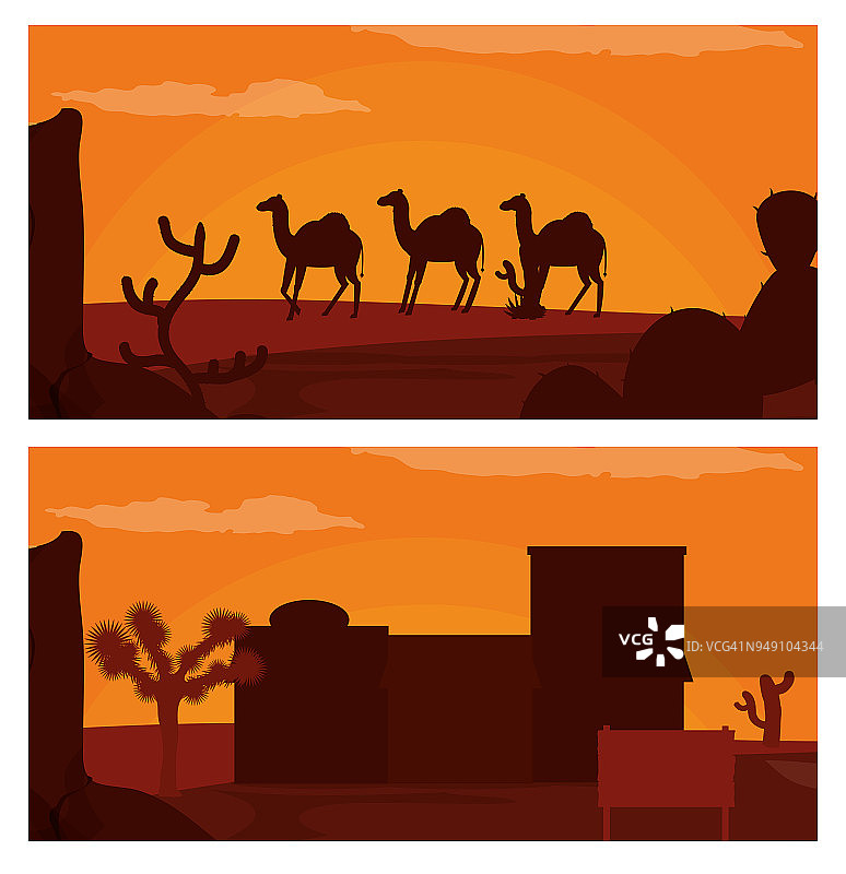 骆驼行走在沙漠和西部村庄图片素材