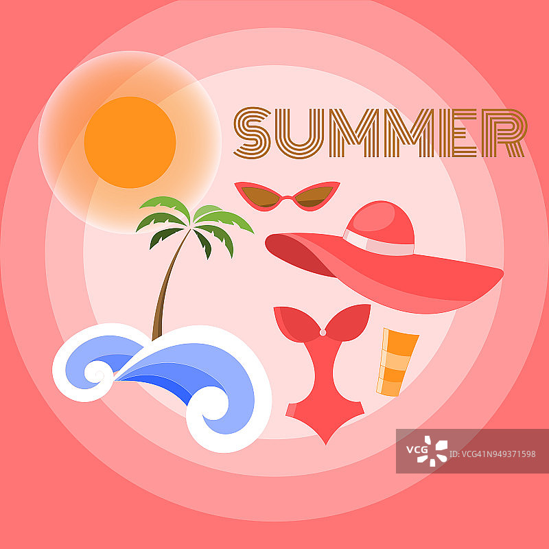 夏天背景矢量。假期的概念。太阳帽，女人比基尼，太阳，手掌，海浪，自由和太阳镜插图。旅游度假区的夏季海报、横幅或cad设计。图片素材