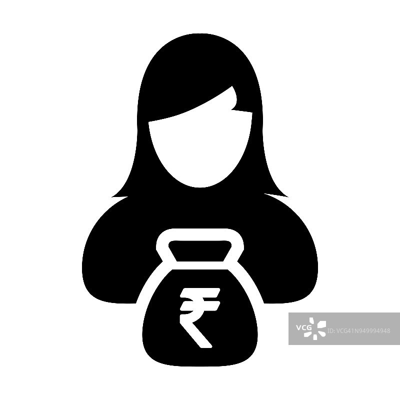 印度卢比符号图标向量人女性符号阿凡达与商业金融和银行储蓄帐户的钱袋在象形图图片素材