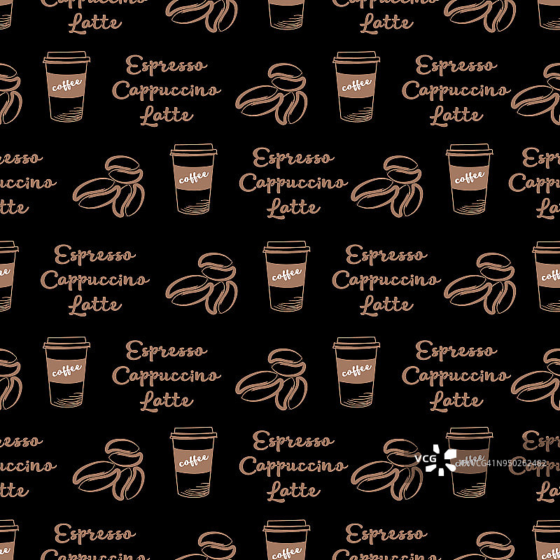 无缝图案与咖啡杯，谷物咖啡和黑色背景上的文字图片素材