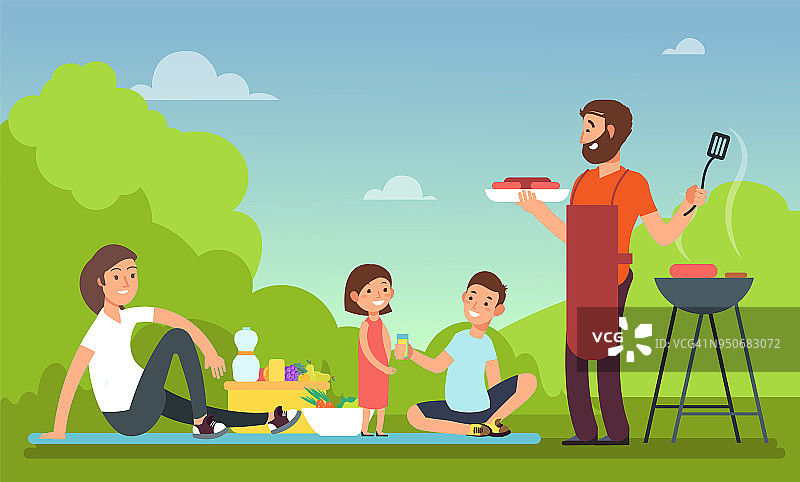 一家人在夏天野餐。人们在烧烤派对上吃食物。烧烤和户外矢量概念图片素材