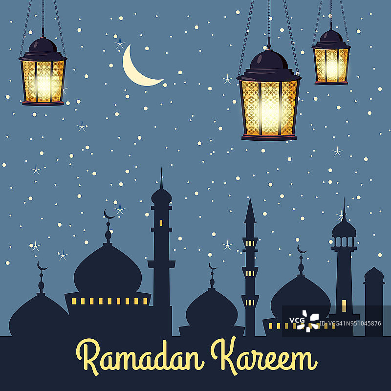 斋月卡里姆清真寺的背景剪影明月，夜晚，星空，灯笼，明信片，矢量，孤立，插图图片素材
