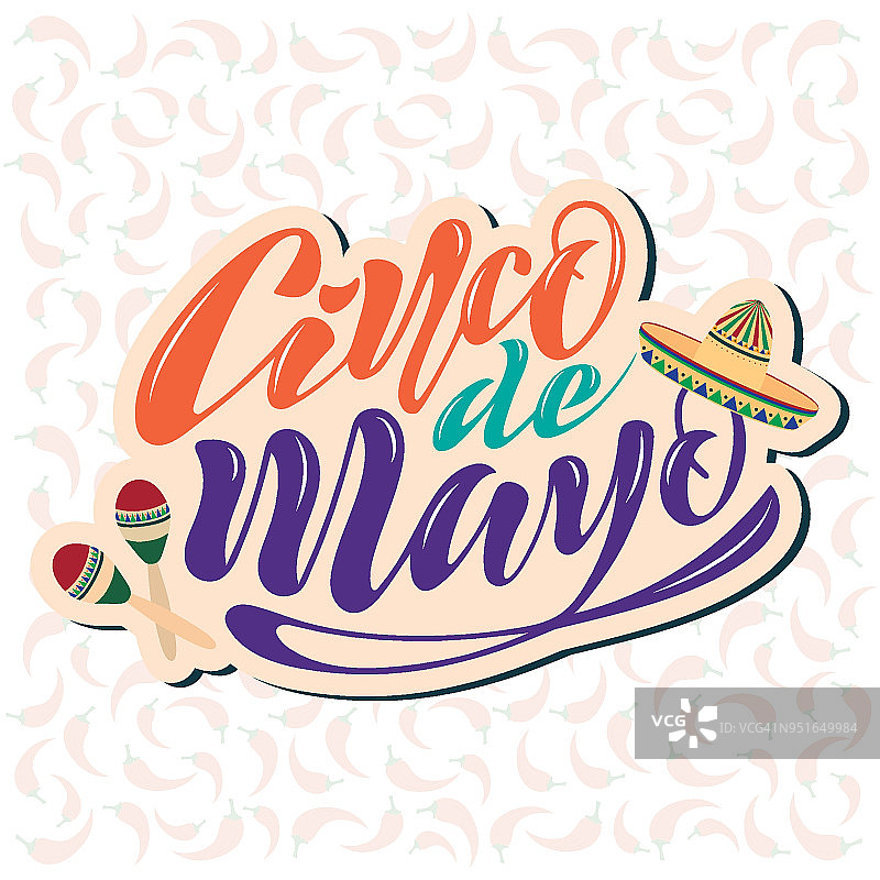 手写文本在一个纹理的背景为节日五月节5月5日的横幅，标志，明信片，菜单。墨西哥，乐器，沙球，帽子，宽边帽，吉他，辣椒，胡子，五颜六色。向量eps10图片素材