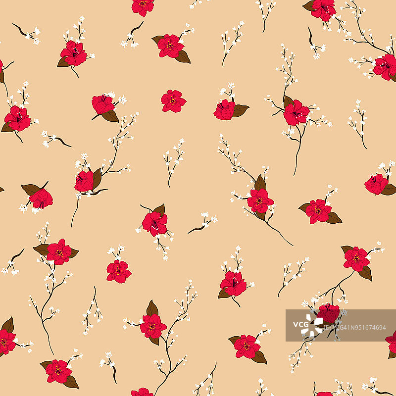 新潮的花朵新鲜的红色花卉图案在盛开的植物图案分散随机。无缝矢量纹理。对于时尚面料和所有印花，图片素材