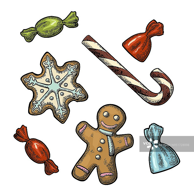 姜饼人，星星，糖果手杖。矢量复古彩色雕刻插图。图片素材