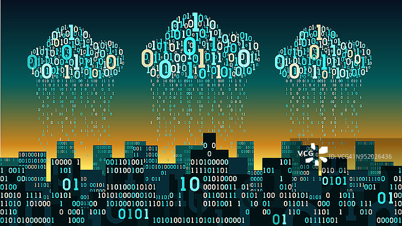 摘要未来智慧城市与云存储相连，具有人工智能与物联网、二进制雨数据流、大数据、网络数字等技术概念图片素材