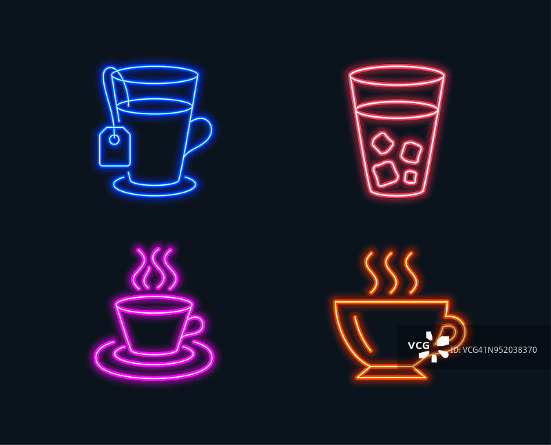 冰茶，茶杯和咖啡图标。苏打饮料，咖啡杯，玻璃杯。卡布奇诺。图片素材