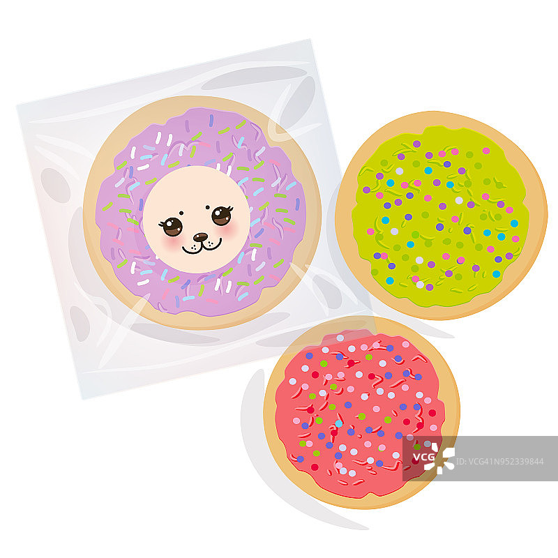 现烤的意大利饼干，包装在透明的塑料包装里，上面点缀着粉红色、紫罗兰绿色的糖霜和五颜六色的糖屑。白色背景上的明亮颜色。向量图片素材