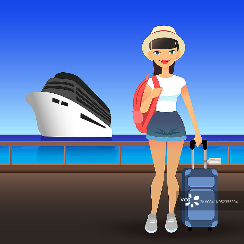年轻女子穿着便服在港口。卡通扁平女孩乘船游览。戴着帽子的旅行者女士正站在码头上，手里拿着一个手提箱和一个背包图片素材