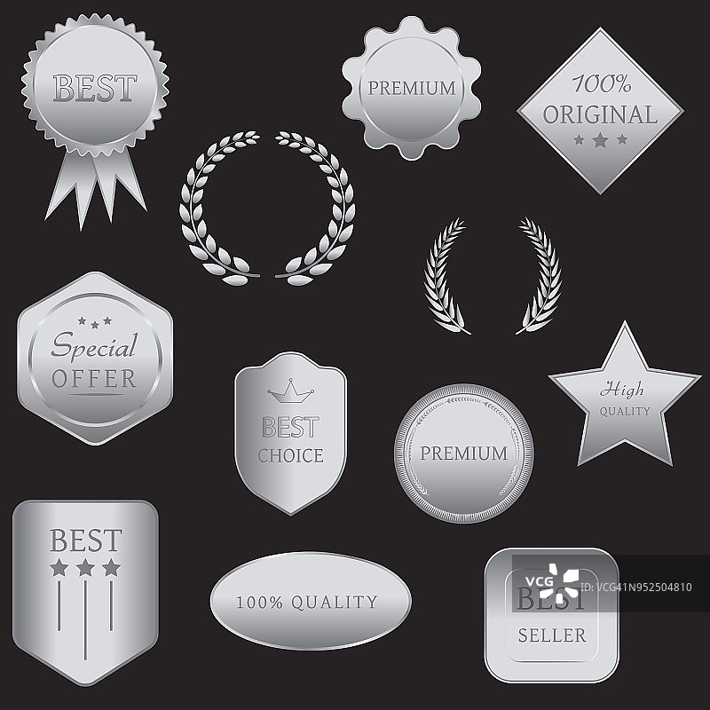 向量银金属徽章和印章的收集。一套银色的标签。奢侈品设计元素用于销售、促销产品和原装商品。图片素材
