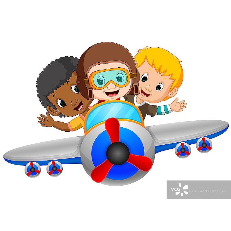 卡通男孩坐飞机图片素材