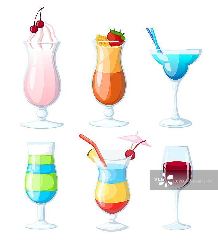 热带鸡尾酒和果汁套餐。矢量手绘插图。各种单独的鸡尾酒杯与饮料。网站页面和移动应用程序设计矢量元素。图片素材
