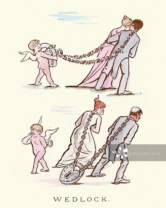 维多利亚时代的讽刺漫画，关于婚姻图片素材