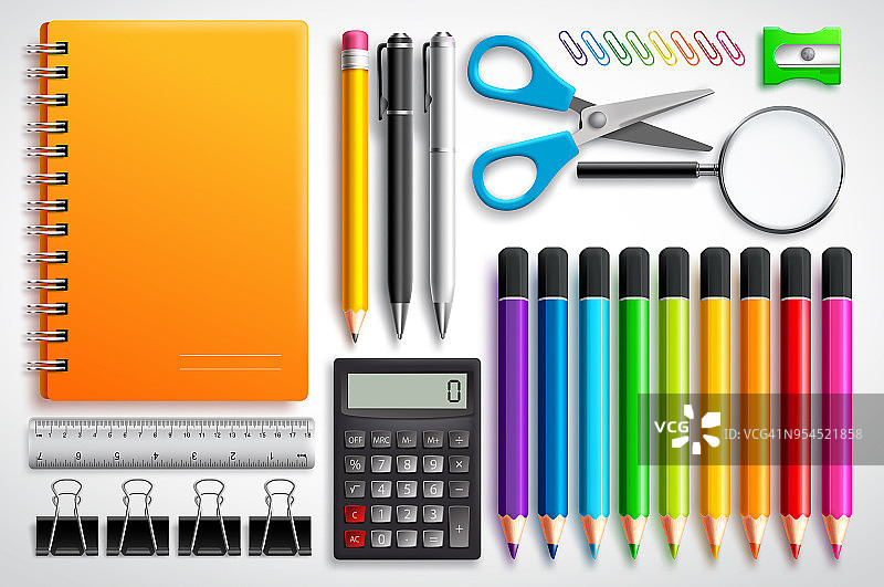学校供应矢量集彩色铅笔、笔记本、笔图片素材