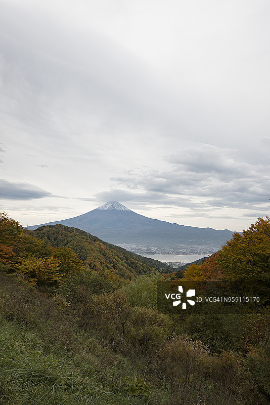 山谷上的富士山和川口湖图片素材