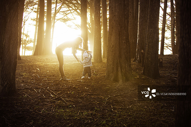 母亲帮助小男孩在森林里散步图片素材