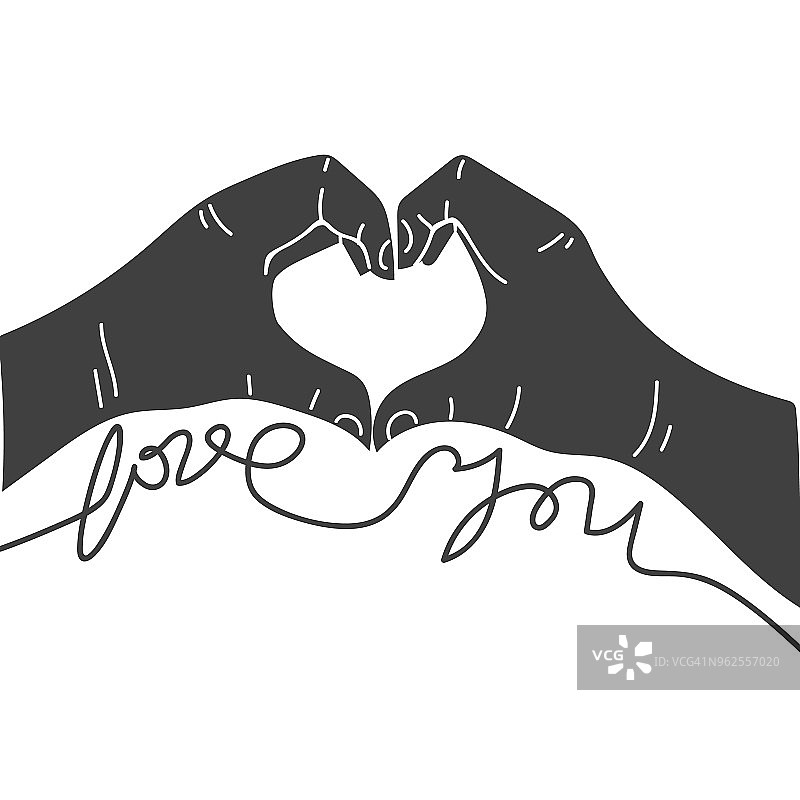 心形的双手和文字:“爱你”，孤立在白色背景，矢量插图。图片素材