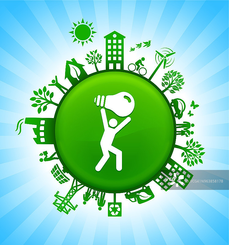 人携带灯泡环境绿色按钮背景在蓝天图片素材