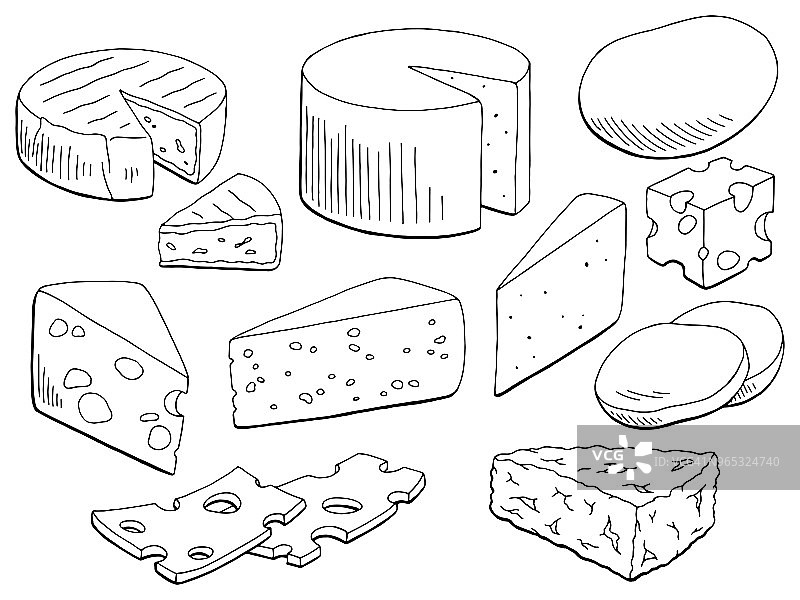 奶酪集图形黑白孤立的食物素描插图向量图片素材
