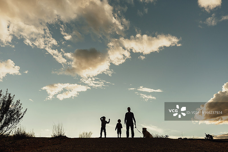 日落时分，多云的天空下，父亲带着儿子和狗站在田野上图片素材