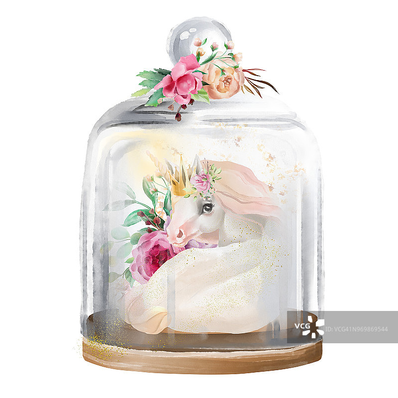美丽的独角兽，戴着金冠的魔马和玻璃玻璃瓶中的鲜花。幻想水彩插图孤立在白色图片素材