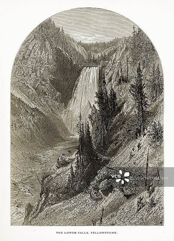 黄石瀑布下，黄石国家公园，怀俄明州，蒙大拿州和爱达荷州，美国，美国维多利亚版画，1872年图片素材