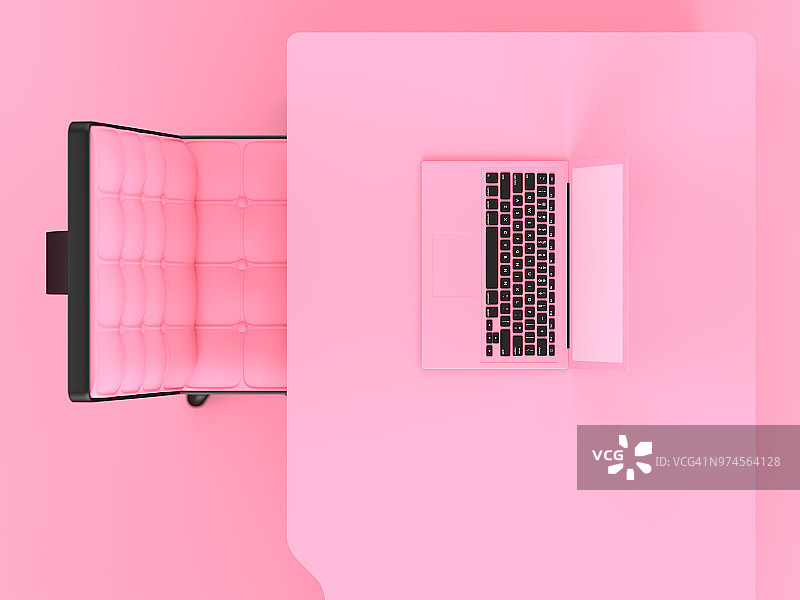 桌上和椅子上的笔记本电脑粉红色俯视图图片素材