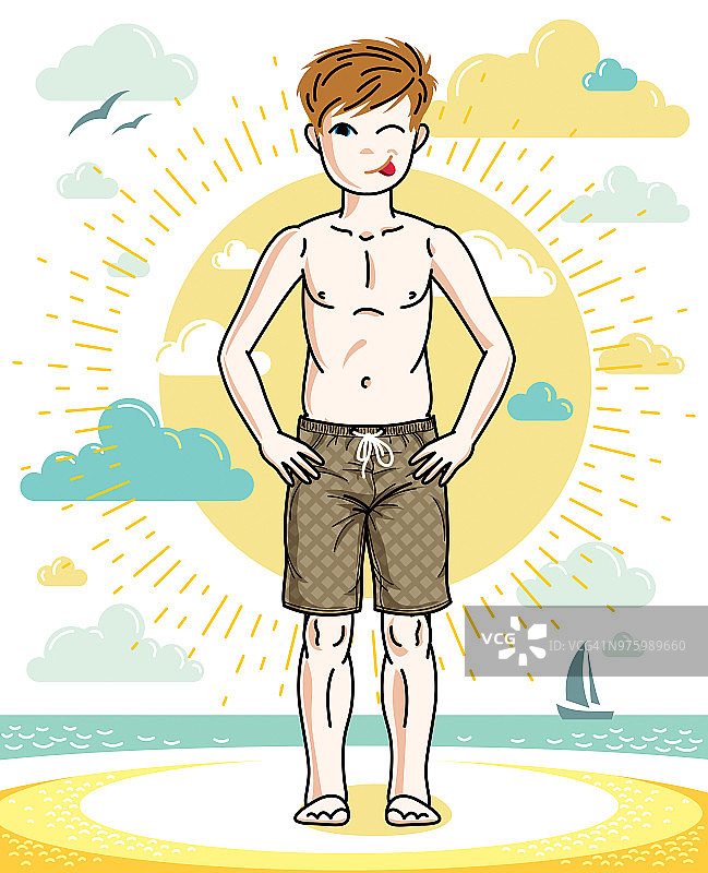 小男孩站在五颜六色的时尚沙滩短裤。矢量插图。剪纸艺术时尚主题。图片素材